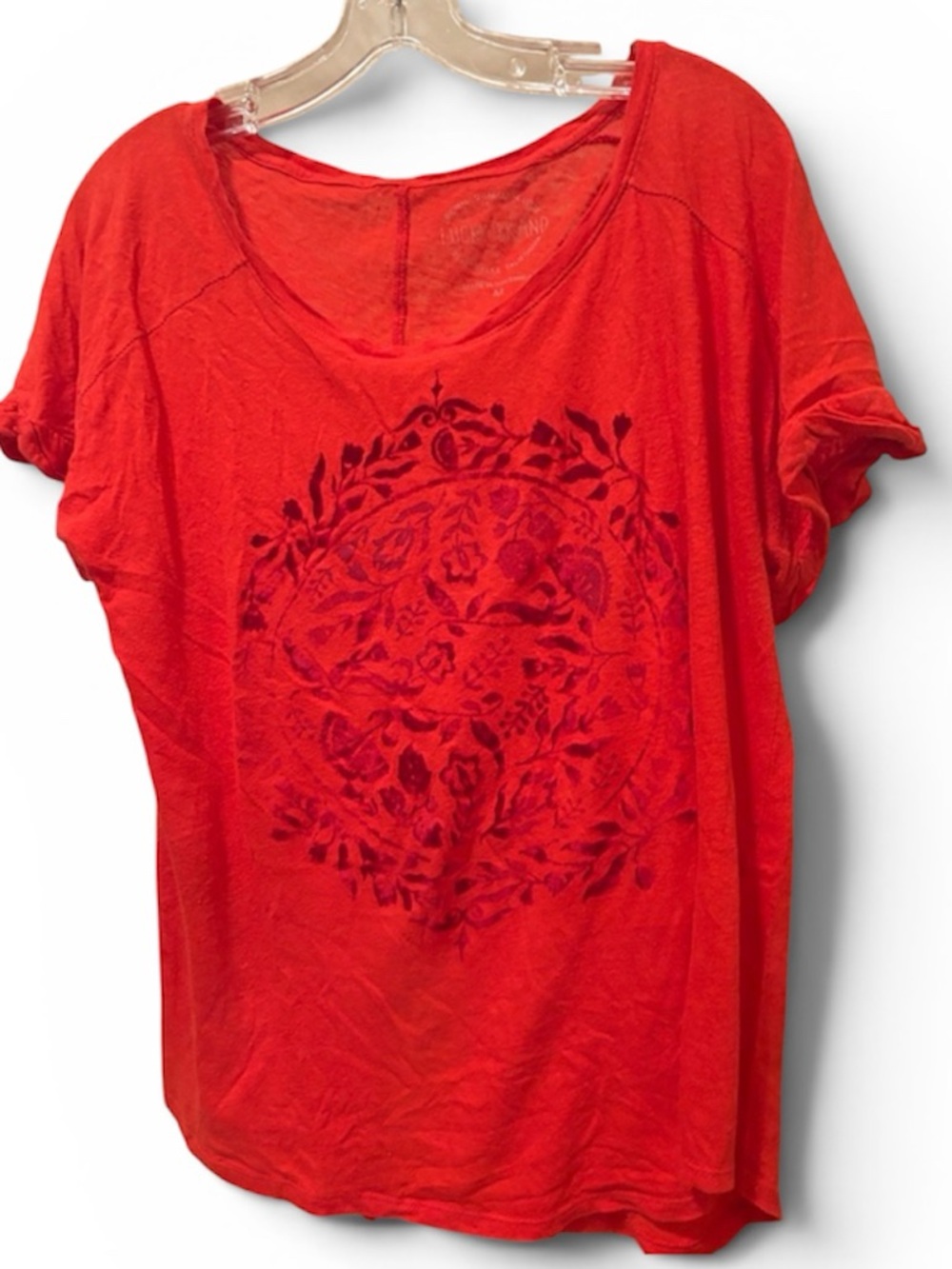 Lucky Relaxed Red Short-Sleeve Women’s Top with Floral Medallion